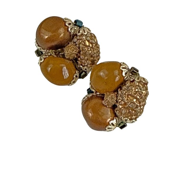 Vintage Amber Cluster Japan Clip-On Earrings Germany Gold Tone Beaded Statement - Picture 2 of 6